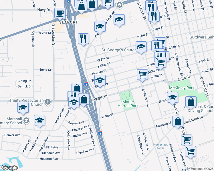 map of restaurants, bars, coffee shops, grocery stores, and more near 431 Delhi Avenue in Stockton