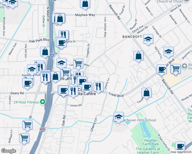 map of restaurants, bars, coffee shops, grocery stores, and more near 120 Roble Road in Walnut Creek
