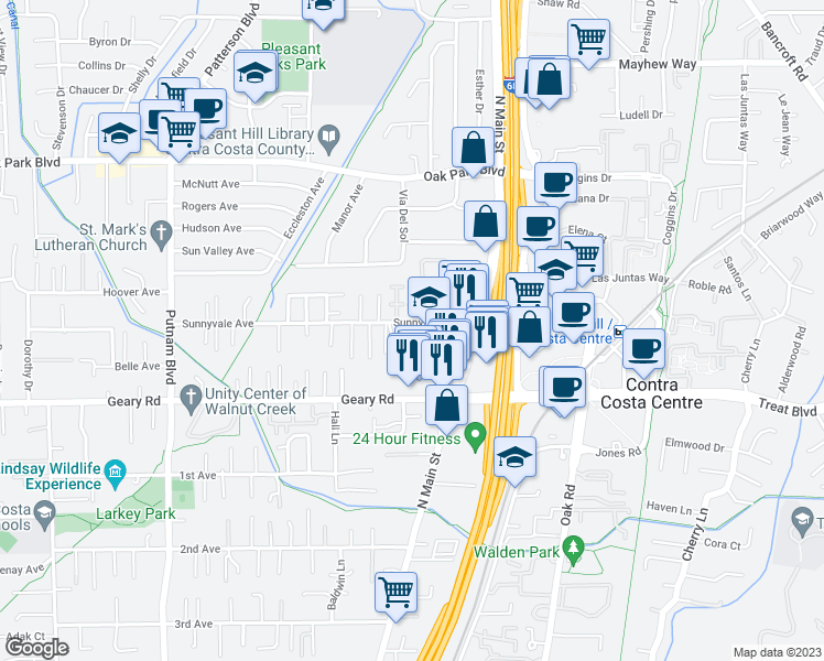 map of restaurants, bars, coffee shops, grocery stores, and more near 1578 Sunnyvale Avenue in Walnut Creek