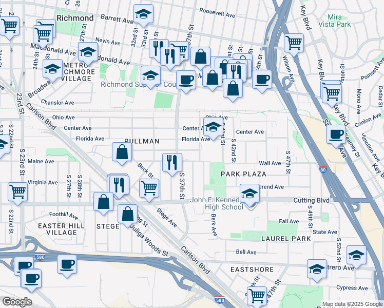 map of restaurants, bars, coffee shops, grocery stores, and more near 3727 Waller Avenue in Richmond