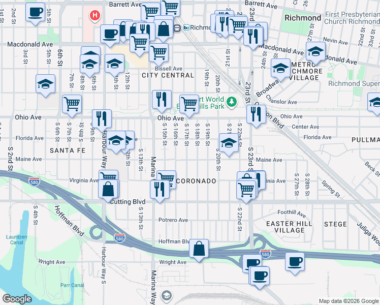 map of restaurants, bars, coffee shops, grocery stores, and more near 219 South 17th Street in Richmond
