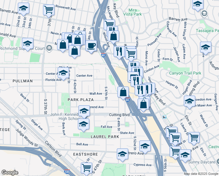map of restaurants, bars, coffee shops, grocery stores, and more near 262 South 47th Street in Richmond