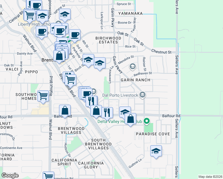 map of restaurants, bars, coffee shops, grocery stores, and more near 208 Lawrence Lane in Brentwood
