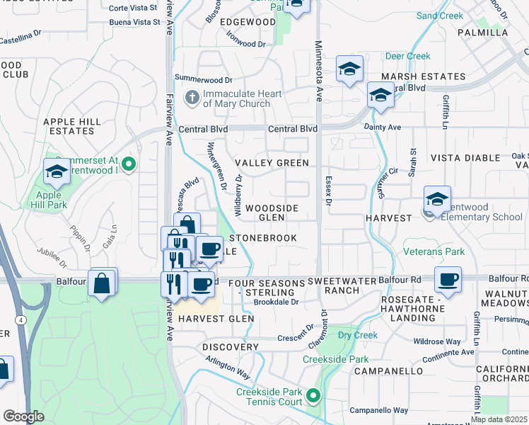 map of restaurants, bars, coffee shops, grocery stores, and more near 245 Pepperwood Court in Brentwood