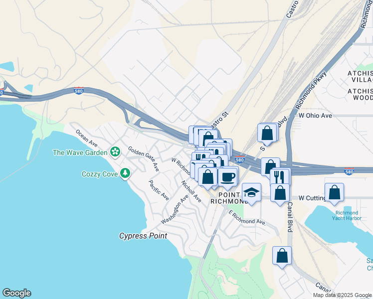 map of restaurants, bars, coffee shops, grocery stores, and more near in Richmond