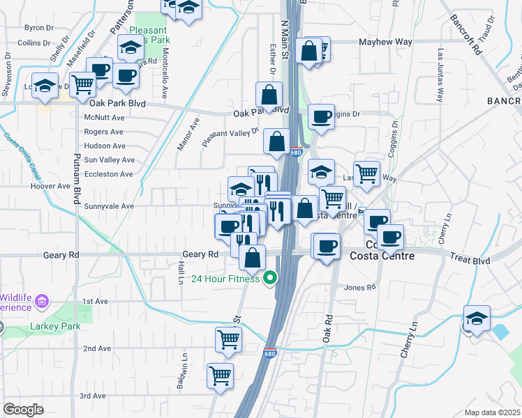 map of restaurants, bars, coffee shops, grocery stores, and more near 1515 Sunnyvale Avenue in Walnut Creek