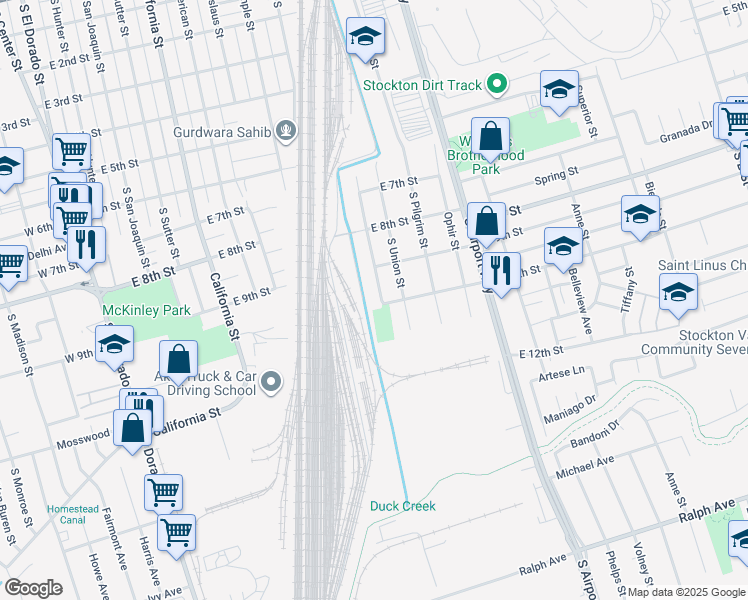map of restaurants, bars, coffee shops, grocery stores, and more near 2343 South Sacramento Street in Stockton