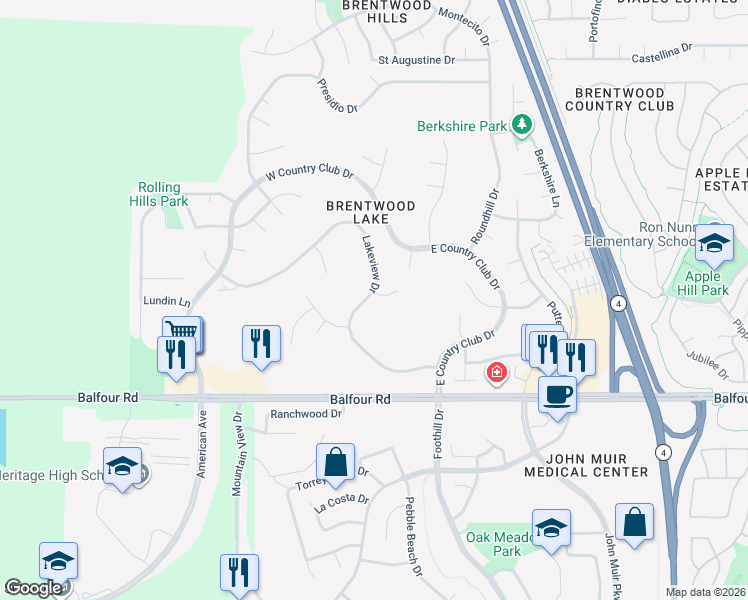 map of restaurants, bars, coffee shops, grocery stores, and more near 2560 Risebridge Court in Brentwood