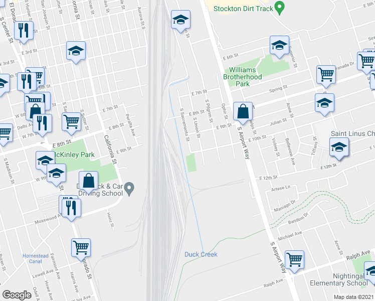 map of restaurants, bars, coffee shops, grocery stores, and more near 2343 South Sacramento Street in Stockton