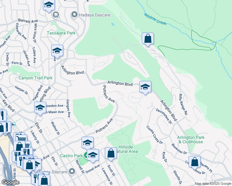 map of restaurants, bars, coffee shops, grocery stores, and more near 1637 Julian Drive in El Cerrito