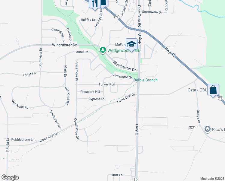map of restaurants, bars, coffee shops, grocery stores, and more near 905 Mallard Square in Rolla
