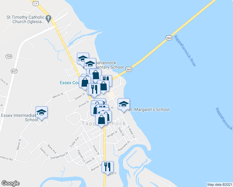 map of restaurants, bars, coffee shops, grocery stores, and more near 129 Duke Street in Tappahannock