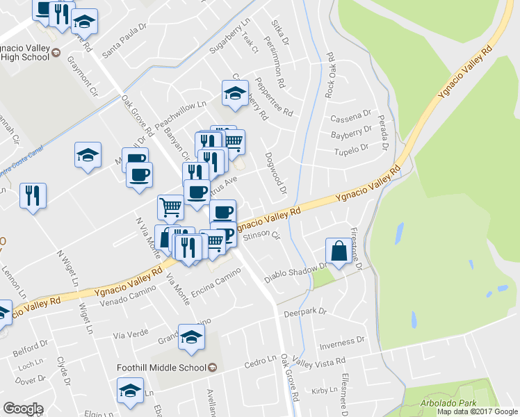 map of restaurants, bars, coffee shops, grocery stores, and more near 401 Seville Lane in Walnut Creek