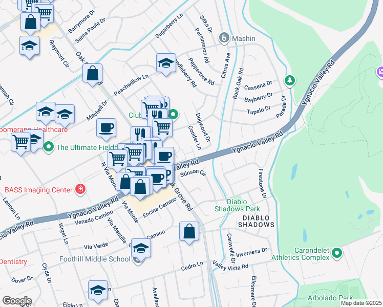 map of restaurants, bars, coffee shops, grocery stores, and more near 401 Seville Lane in Walnut Creek