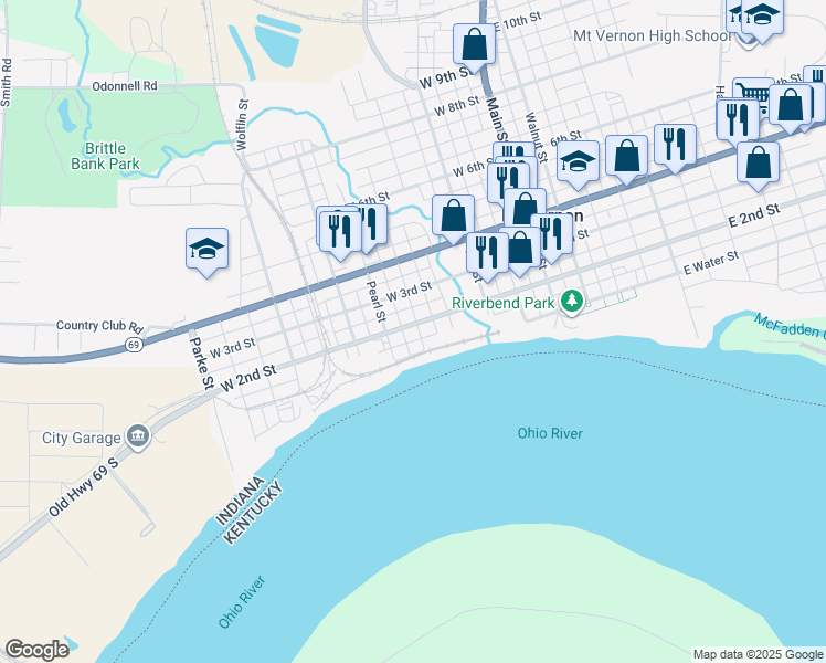 map of restaurants, bars, coffee shops, grocery stores, and more near 504 West 2nd Street in Mount Vernon