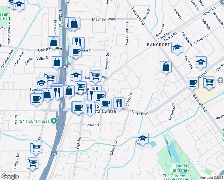 map of restaurants, bars, coffee shops, grocery stores, and more near 1178 Honey Trail in Walnut Creek