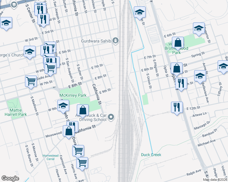 map of restaurants, bars, coffee shops, grocery stores, and more near 715 East 9th Street in Stockton