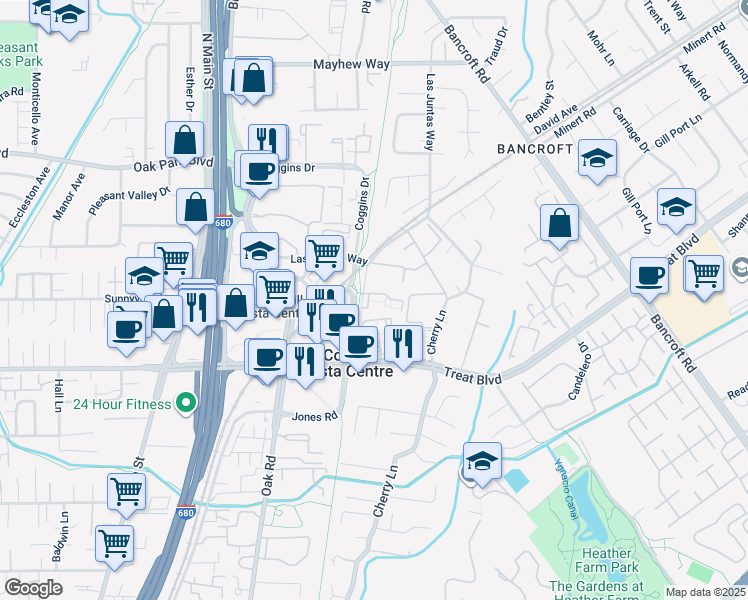 map of restaurants, bars, coffee shops, grocery stores, and more near 1178 Honey Trail in Walnut Creek