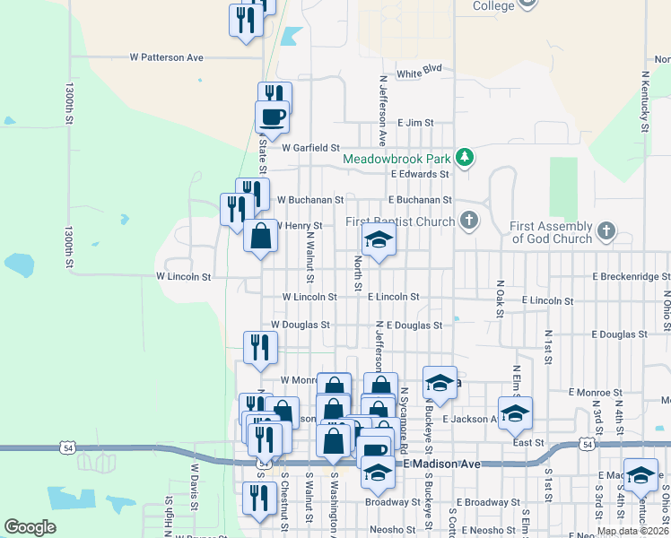 map of restaurants, bars, coffee shops, grocery stores, and more near 100 West Breckenridge Street in Iola