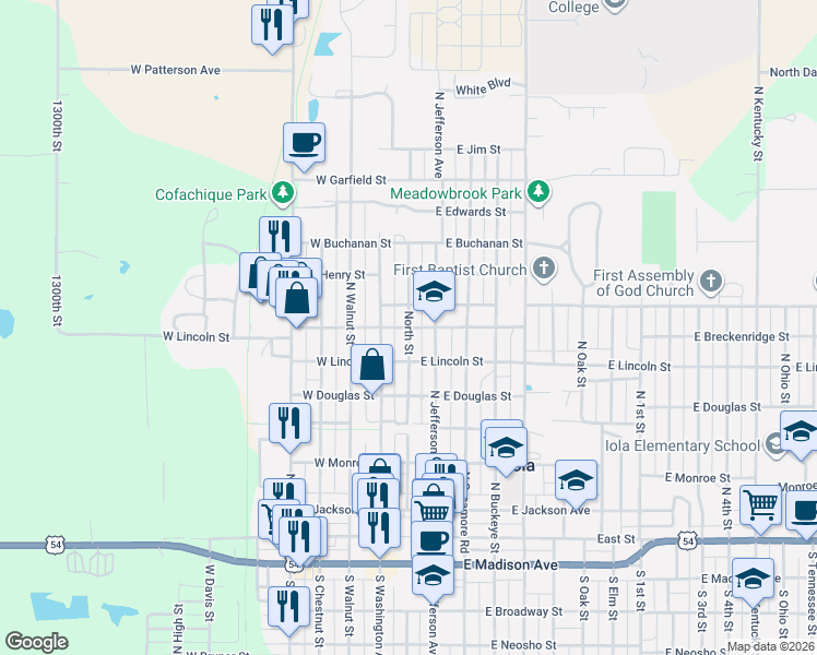 map of restaurants, bars, coffee shops, grocery stores, and more near 700 North Street in Iola