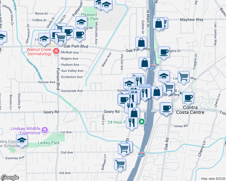 map of restaurants, bars, coffee shops, grocery stores, and more near Esplanade Place in Walnut Creek