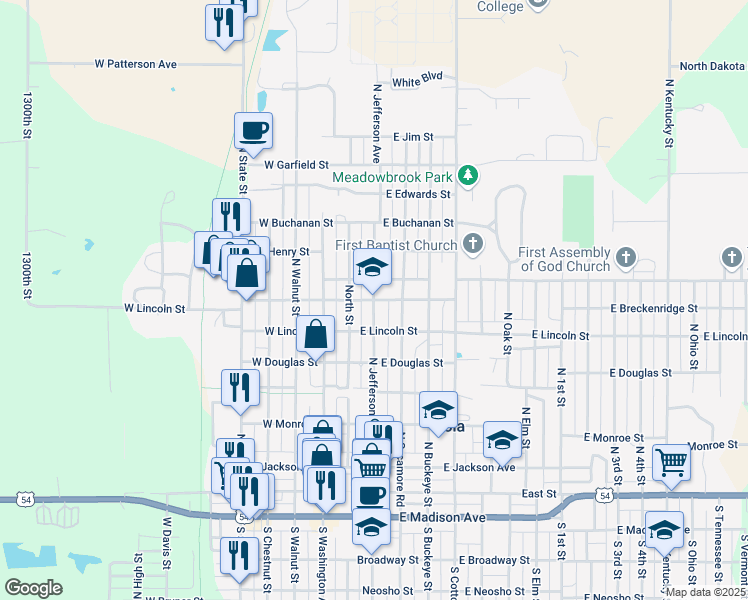 map of restaurants, bars, coffee shops, grocery stores, and more near 700 North Jefferson Avenue in Iola