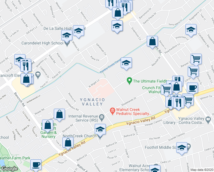 map of restaurants, bars, coffee shops, grocery stores, and more near 375 North Wiget Lane in Walnut Creek