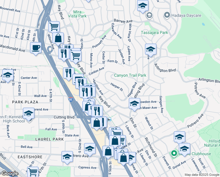 map of restaurants, bars, coffee shops, grocery stores, and more near 6445 Hagen Boulevard in El Cerrito