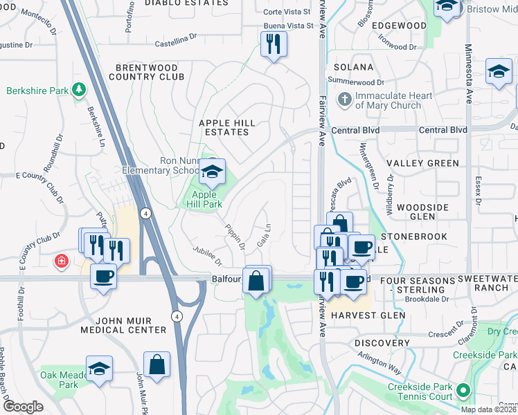 map of restaurants, bars, coffee shops, grocery stores, and more near 203 Honeygold Lane in Brentwood