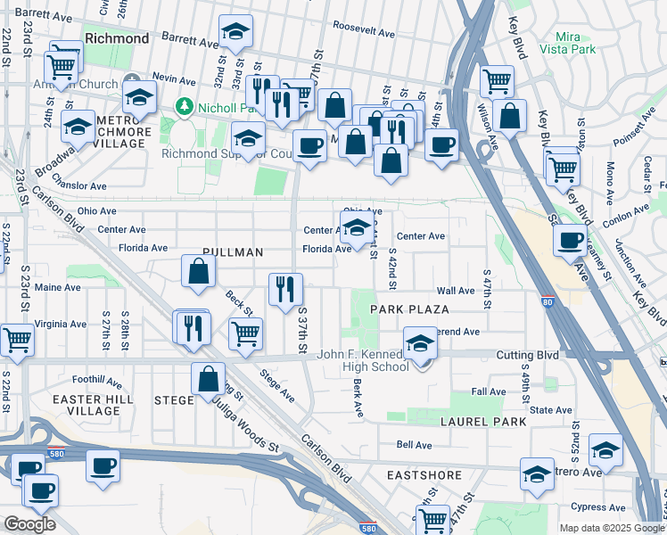 map of restaurants, bars, coffee shops, grocery stores, and more near 7229 Waller Avenue in Richmond