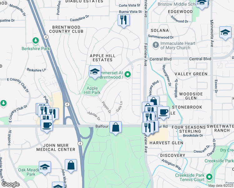 map of restaurants, bars, coffee shops, grocery stores, and more near 203 Honeygold Lane in Brentwood
