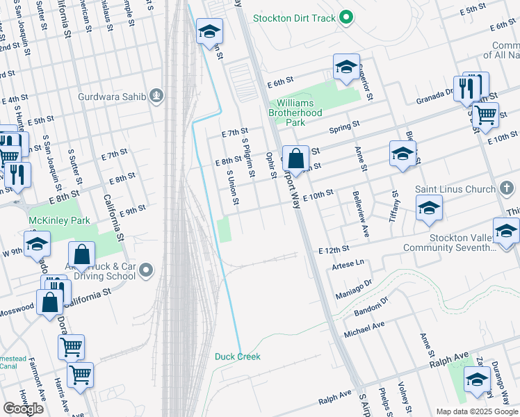 map of restaurants, bars, coffee shops, grocery stores, and more near 2400 South Pilgrim Street in Stockton