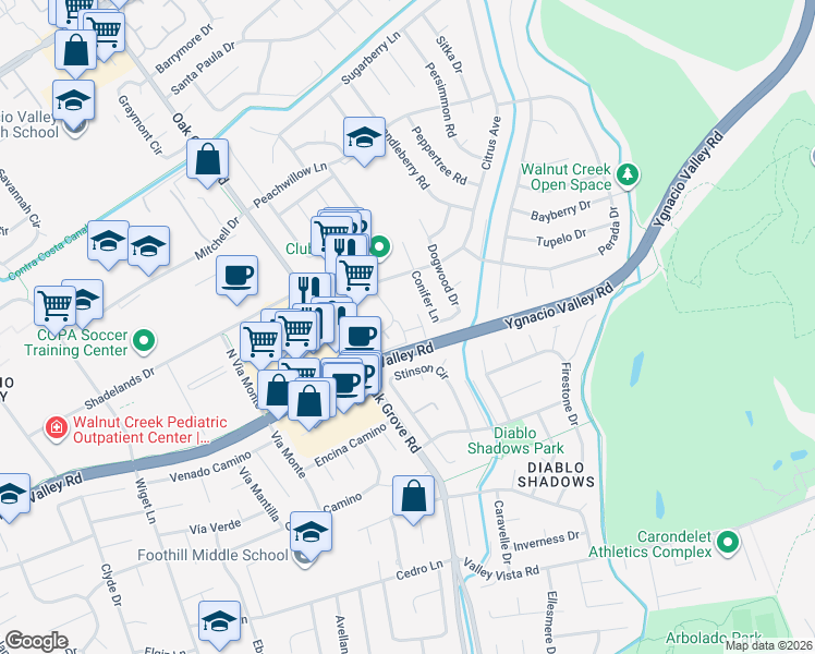 map of restaurants, bars, coffee shops, grocery stores, and more near 309 Hamlin Loop in Walnut Creek
