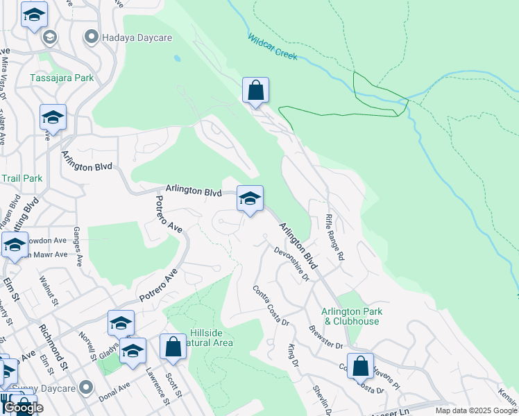 map of restaurants, bars, coffee shops, grocery stores, and more near 1445 Arlington Boulevard in El Cerrito