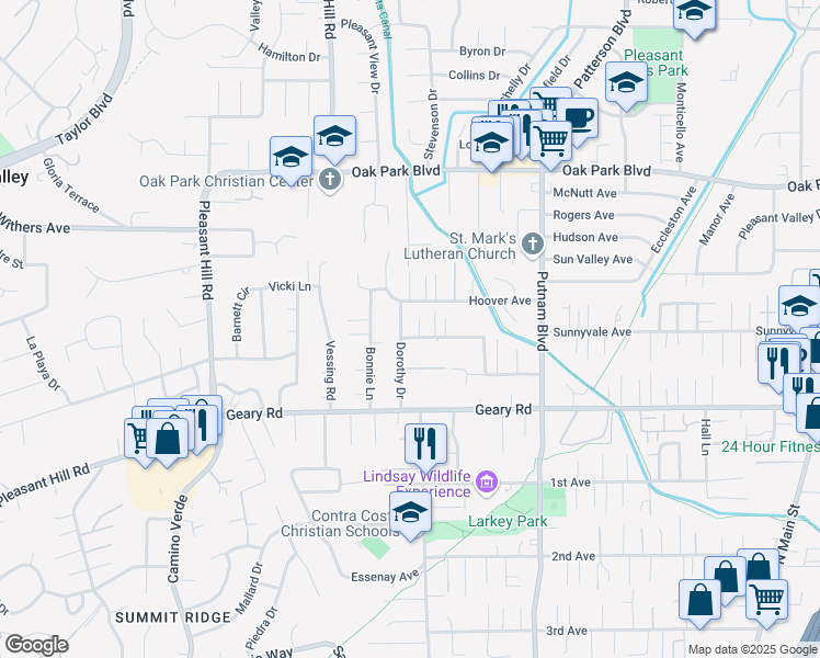 map of restaurants, bars, coffee shops, grocery stores, and more near 2984 Dorothy Drive in Pleasant Hill