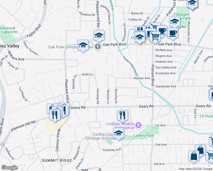 map of restaurants, bars, coffee shops, grocery stores, and more near 2971 Bonnie Lane in Pleasant Hill