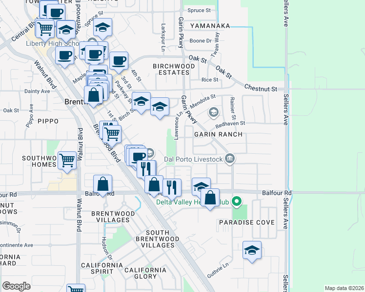 map of restaurants, bars, coffee shops, grocery stores, and more near 214 Lawrence Lane in Brentwood