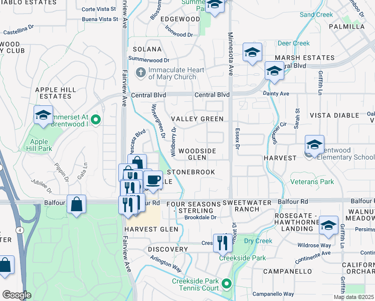 map of restaurants, bars, coffee shops, grocery stores, and more near 260 Mesquite Court in Brentwood