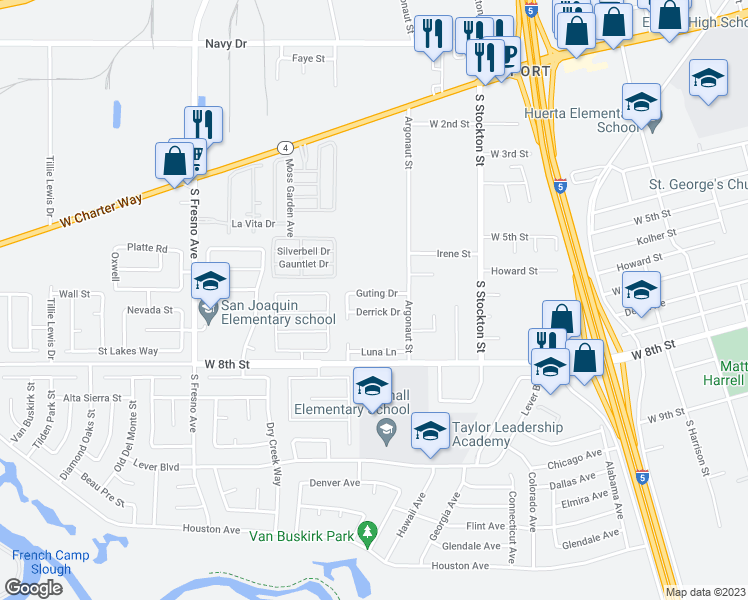 map of restaurants, bars, coffee shops, grocery stores, and more near 1248 Guting Drive in Stockton