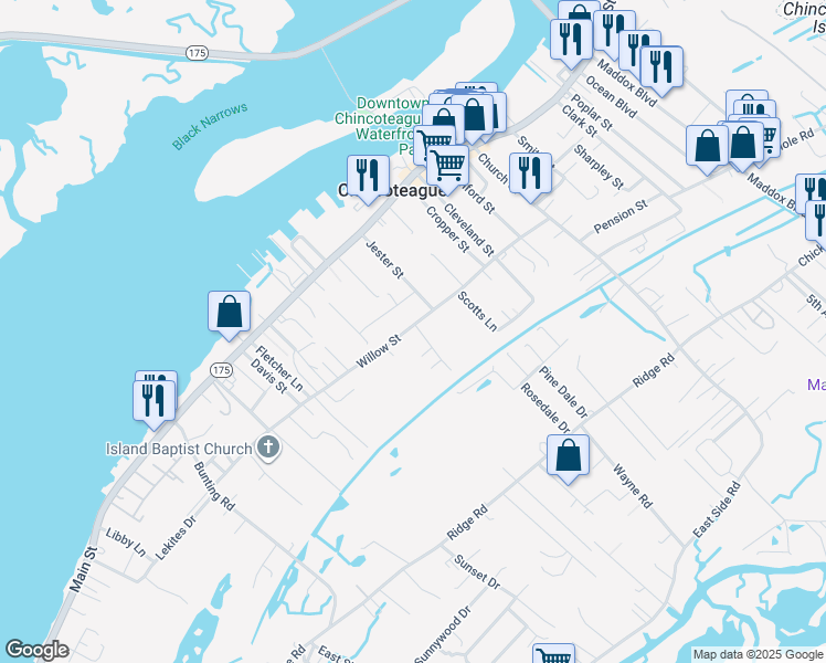 map of restaurants, bars, coffee shops, grocery stores, and more near 6426 Howard Drive in Chincoteague