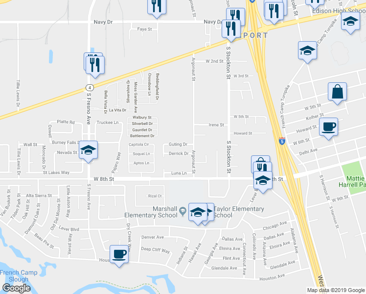map of restaurants, bars, coffee shops, grocery stores, and more near 1190 Guting Drive in Stockton