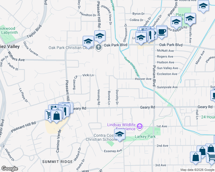 map of restaurants, bars, coffee shops, grocery stores, and more near 2971 Bonnie Lane in Pleasant Hill