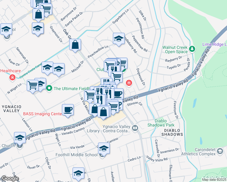 map of restaurants, bars, coffee shops, grocery stores, and more near 3003 Citrus Circle in Walnut Creek