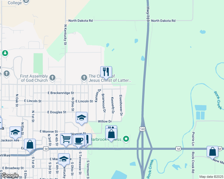 map of restaurants, bars, coffee shops, grocery stores, and more near 699 Kennedy Drive in Iola