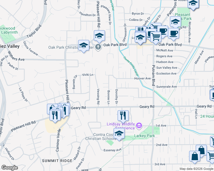 map of restaurants, bars, coffee shops, grocery stores, and more near 2971 Bonnie Lane in Pleasant Hill