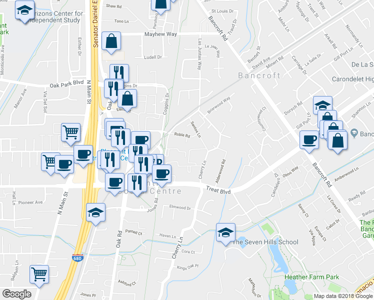 map of restaurants, bars, coffee shops, grocery stores, and more near 1297 Honey Trail in Walnut Creek