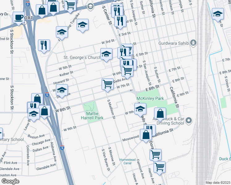 map of restaurants, bars, coffee shops, grocery stores, and more near 123 West 8th Street in Stockton
