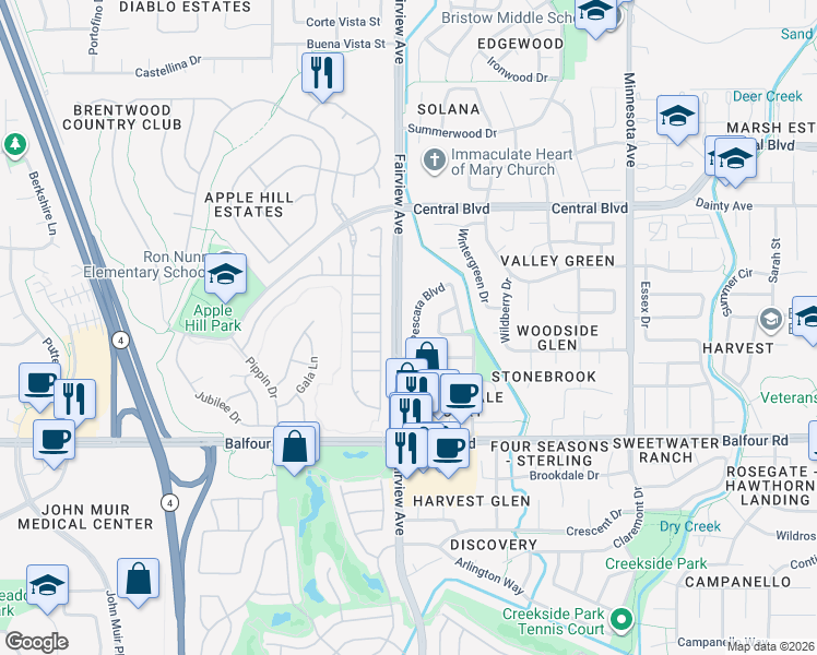 map of restaurants, bars, coffee shops, grocery stores, and more near 141 Pescara Boulevard in Brentwood