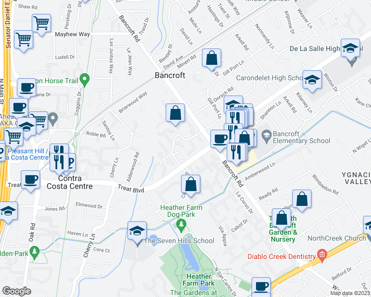 map of restaurants, bars, coffee shops, grocery stores, and more near 1596 Candelero Drive in Walnut Creek
