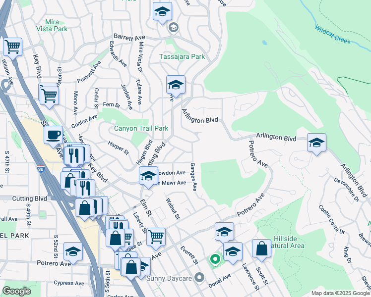 map of restaurants, bars, coffee shops, grocery stores, and more near 6939 Wilson Way in El Cerrito